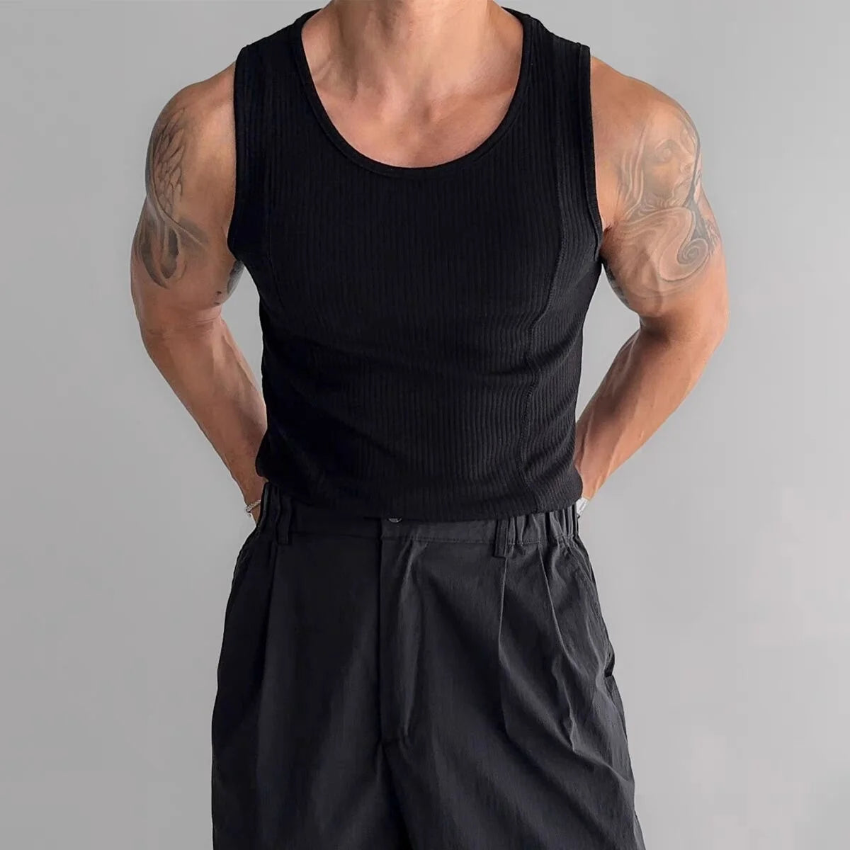 Voguable  American Style Pure Cotton Ribbed Tank Top Muscle Men Hard Man Tight High Elasticity Sleeveless T-Shirt Splice Design Small S... voguable