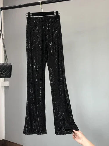 Voguable  New Autumn and Winter Women's Fashionable Shiny White Trousers, Versatile Slimming High Waist Sequined Flared Trousers voguable