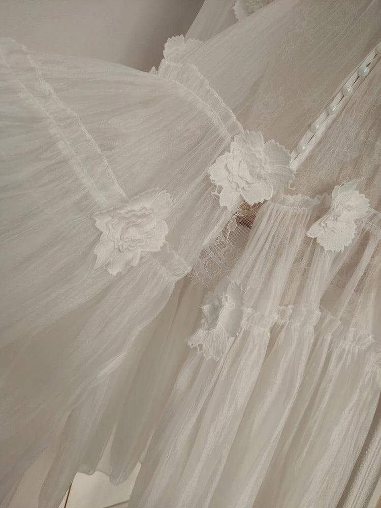 Solid Flower Embroidery Lace Up Dresses For Women Round Neck High Waist Long Sleeve Elegant Dress Summer 2025 voguable