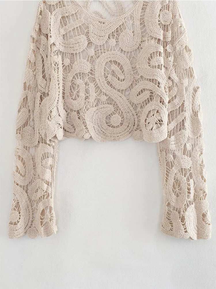 Voguable  Women Crochet Knit Blouse Vintage Long Sleeve O Neck Female Casual Loose Summer Crop Top voguable