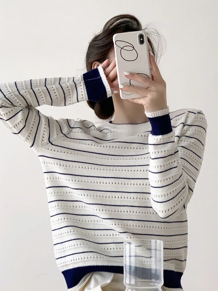 Vintage Elegant Striped Sweaters Women Loose O Neck Hollow Out Knitted Pullover French Retro Long Sleeve Casual Jumper Tops voguable