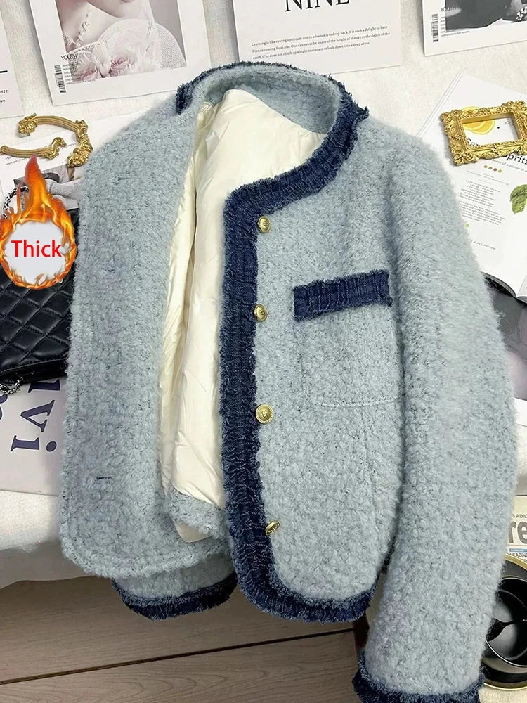 Sweet Thick Warm Tweed Jacket Women O Neck Long Sleeve Winter Cotton Coat Elegant Fashion Patchwork Korean Chic Outwear Top voguable