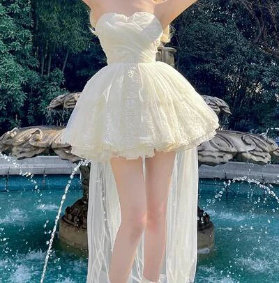Voguable Sweet High-Low Princess Dress Cute Sweet Daily Lolita Dresses Sexy Off-the-Shoulder Slim-Fit Mini Dress for Women Birthday Dress voguable