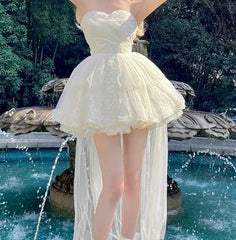 Voguable Sweet High-Low Princess Dress Cute Sweet Daily Lolita Dresses Sexy Off-the-Shoulder Slim-Fit Mini Dress for Women Birthday Dress voguable
