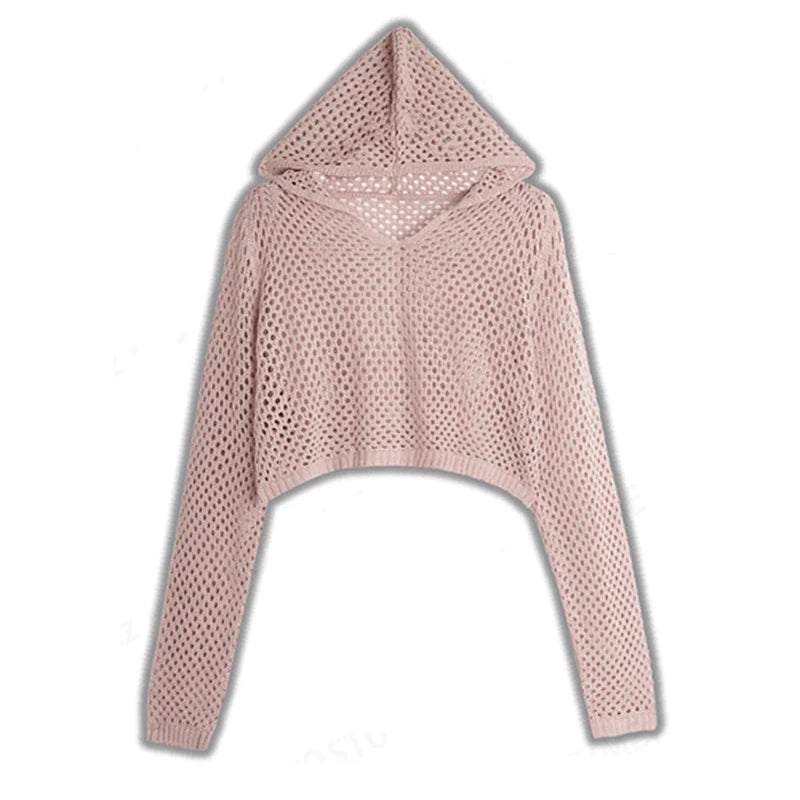 Pointelle Knit Hooded Sweater for Women Sheer Openwork Long Sleeve Boxy-fit Pullover Crop Top Teen-girl Spring Summer Y2K Outfit voguable