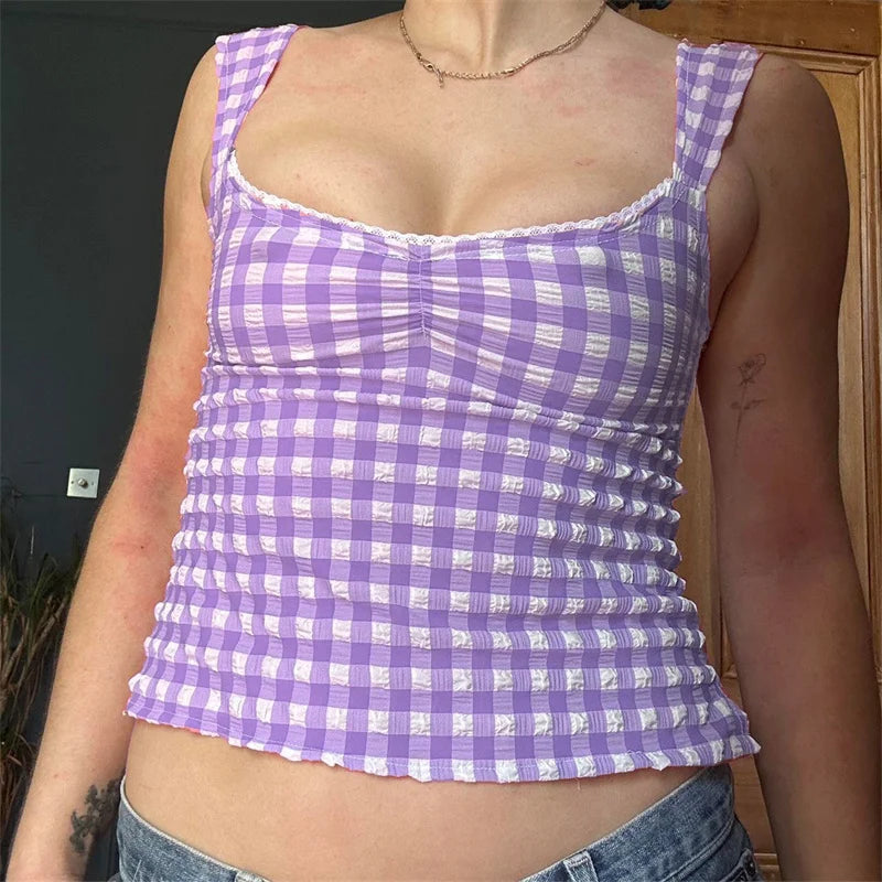 y2k Tops for Women Summer Fairycore Clothing Plaid Print Lace Trim Sleeveless Tanks T Shirts 2000s Clothing Streetwear voguable