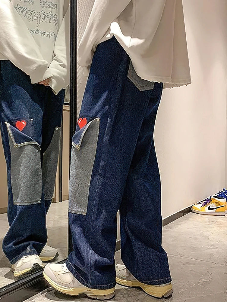 Voguable  Harajuku Wide Leg Baggy Cargo Jeans Pants Men Heart Oversize Straight Casual Denim Long Trousers Streetwear Vintage Y2k Hip Hop voguable