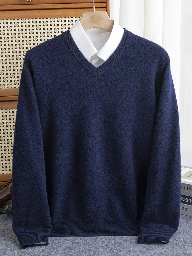 Men 100% Merino Wool Sweater V-Neck Pullover Autumn Winter Cashmere Warm Solid Knitwear Clothes Business Bottoming Soft Tops voguable