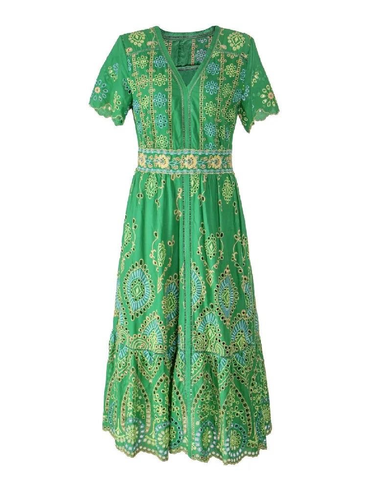 Voguable  Summer Vocation V neck Embroidery Hollow Out Hole Flower Midi Dress Woman Short Flare Sleeve Swing Beach Holiday Robe voguable