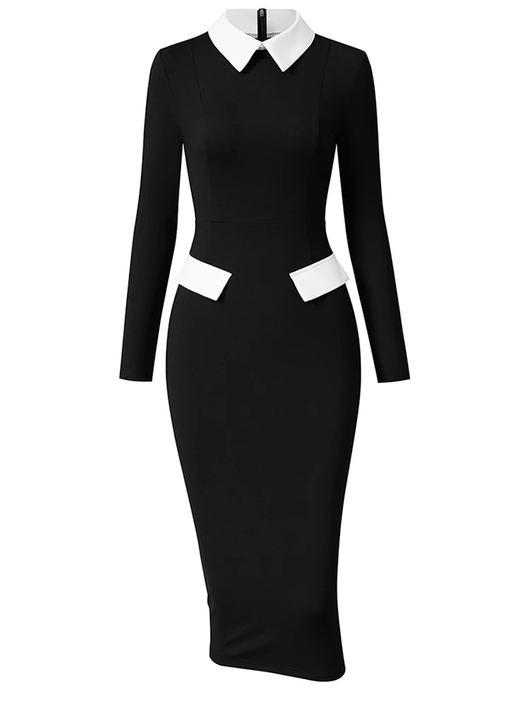 Voguable  Elegant Fashion Women's Pencil Dress Polo Collar Design Professional Long Sleeved Solid Color Office Lady Dress voguable