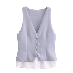 Women Patchwork Striped Temperament Vest Front Button V Neck Sleeveless Waistcoat Spring Summer Chic Tops voguable