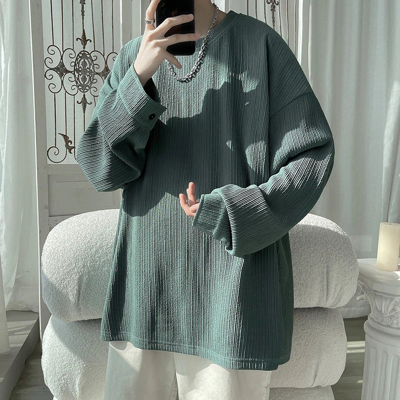 Spring Autumn Casual Long Sleeve T Shirts Men Loose Round Neck T-shirts Male Fashion Harajuku Korean Streetwear Tops Tees