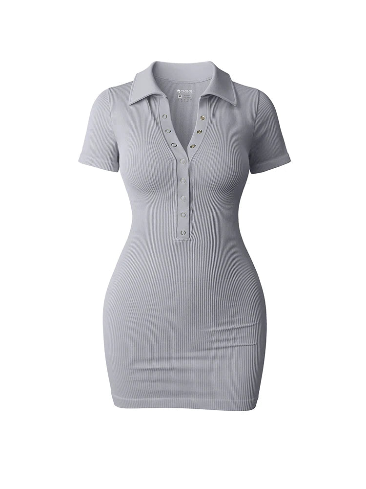 Voguable  Short Sleeve Slit Sexy Mini Dress Elegant Fashion Ribbed V-Neck Dresses For Women Cute Solid Color Summer Dresses voguable