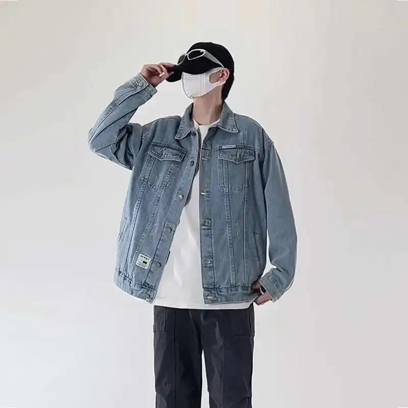 Blue Black Denim Jacket Men Fashion Retro Pocket Denim Jacket Men Streetwear Hip-hop Loose Bomber Jacket Mens Vintage Jackets voguable