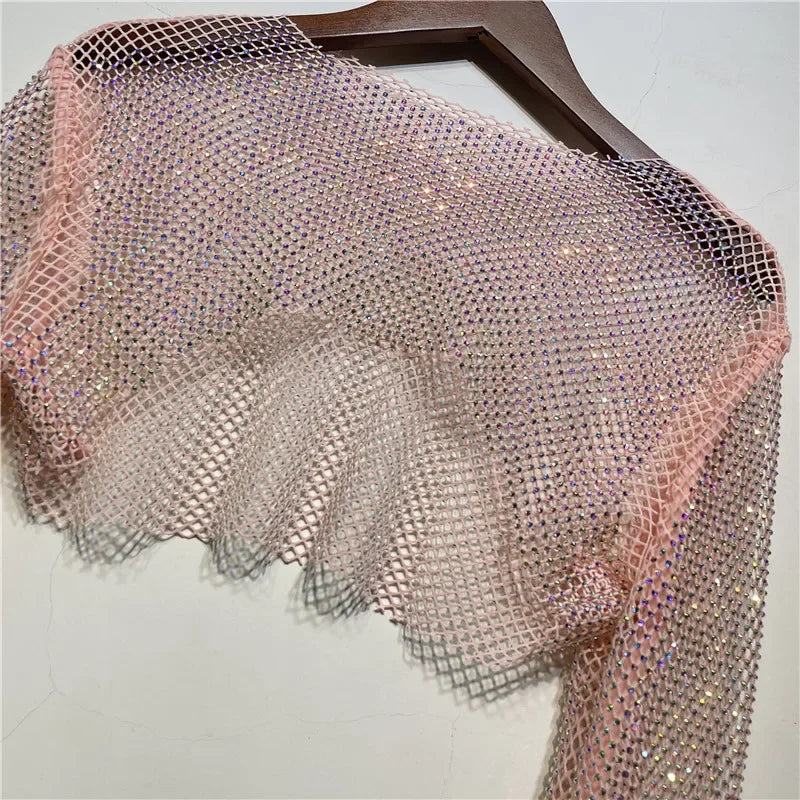 Sparkly Crystal T-shirts Women O-Neck Hollow Out Sexy See Through Tank Tops Night Partywear Crop Shirts Tee Y2K Tops 2022 voguable