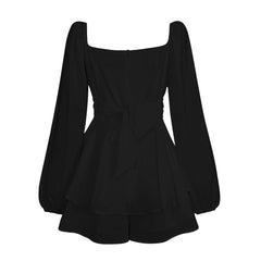 Women's Autumn Ruffled Dresses White Mini Dresses Square Neck Lantern Sleeve Long Sleeve Flounced Edge Casual Dress Female