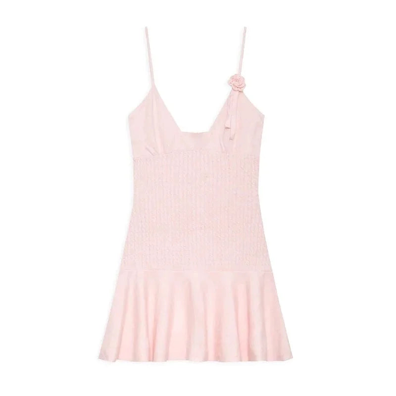 pink knit flower strap black V-neck dress short for women Pbong