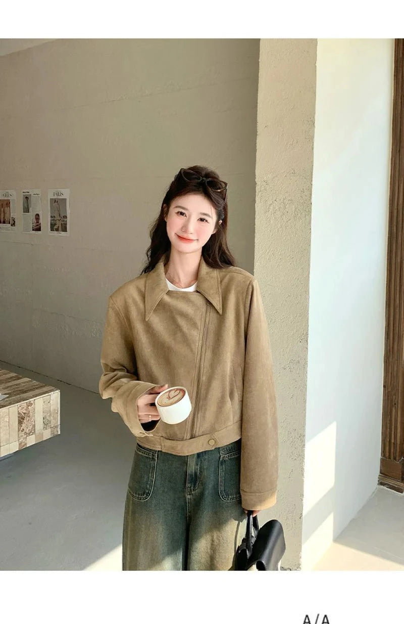 Retro Biker Faux Suede Jacket Women Fall Casual Long Sleeve Slim Short Coat Streetwear American Hip Hop Harajuku Tops New voguable