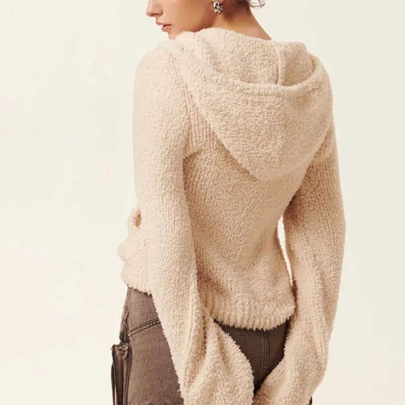 Autumn Winter Women Flare Sleeve Sweaters Coats Hooded Solid Zipper Pockets Vintage Lazy Wind Feather Down Cardigan Knit Tops voguable