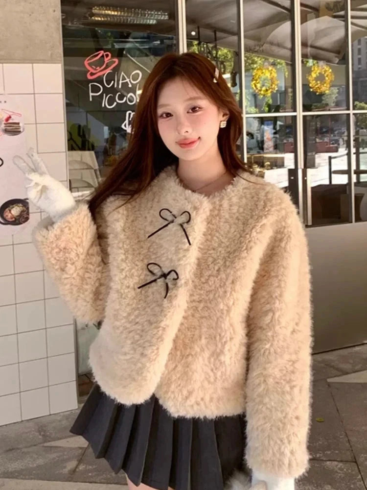 Cute Bow Faux Lamb Coat Women Sweet Winter Long Sleeve O Neck Jacket Slim Warm Korean Female Fashion Preppy Style Outwear Tops voguable