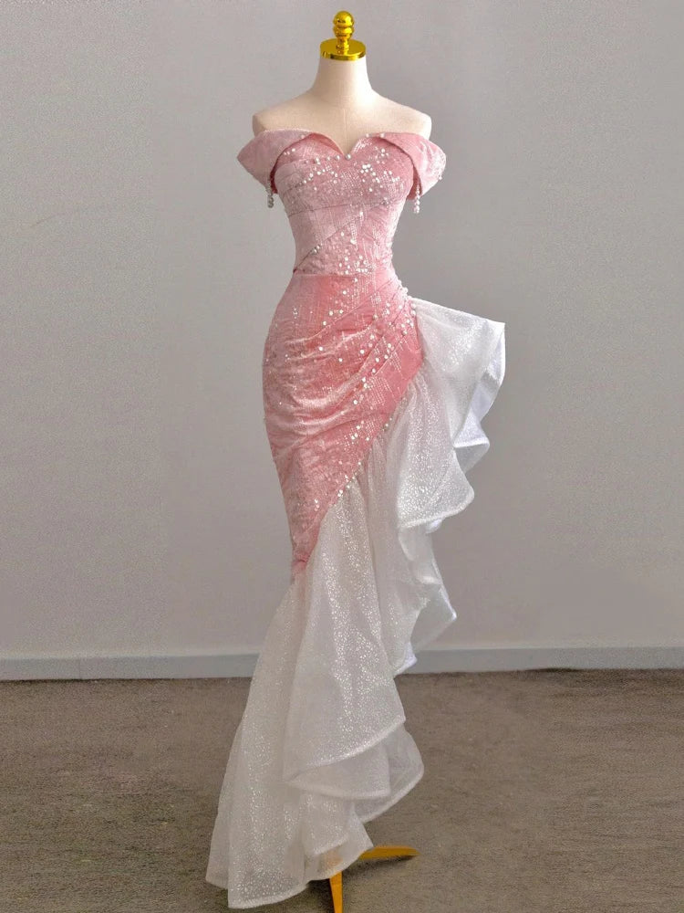 Voguable Host Evening Dress Luxury Dress Party Sexy Skirt Bare Chest And Sleeveless Dress Party Bridal Toast Dress Pink Glitter Skirt voguable