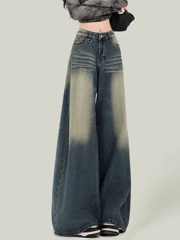 Women Streetwear Retro Jeans Loose High Waist Y2K Denim Pants Casual American Harajuku Fall Female Pockets Wide Leg Trousers New voguable