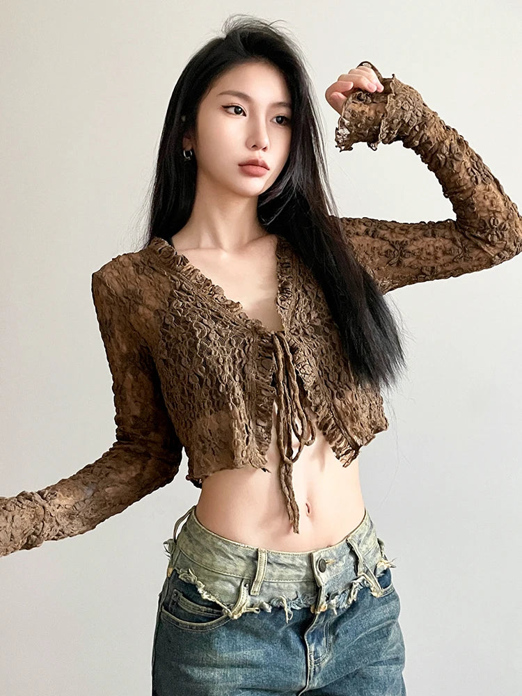 Voguable Brown Vintage Lace V-neck Tie-up Shirts for Women y2k Aesthetic Sweet Long Sleeve Crop Top Casual T Shirt Korean Style voguable