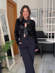 Fashion Holiday Tie-front Sequined Jacket For Women Y2K Shiny Chic Cropped Coat Female Elegant Long Sleeve Lady Party Outerwear voguable