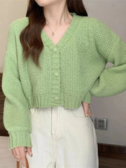 Sexy Cropped Sweet Cardigan Women V Neck Vintage Slim Long Sleeve Knitted Sweaters Korean Causal Simple Solid Lady Fall Tops New voguable