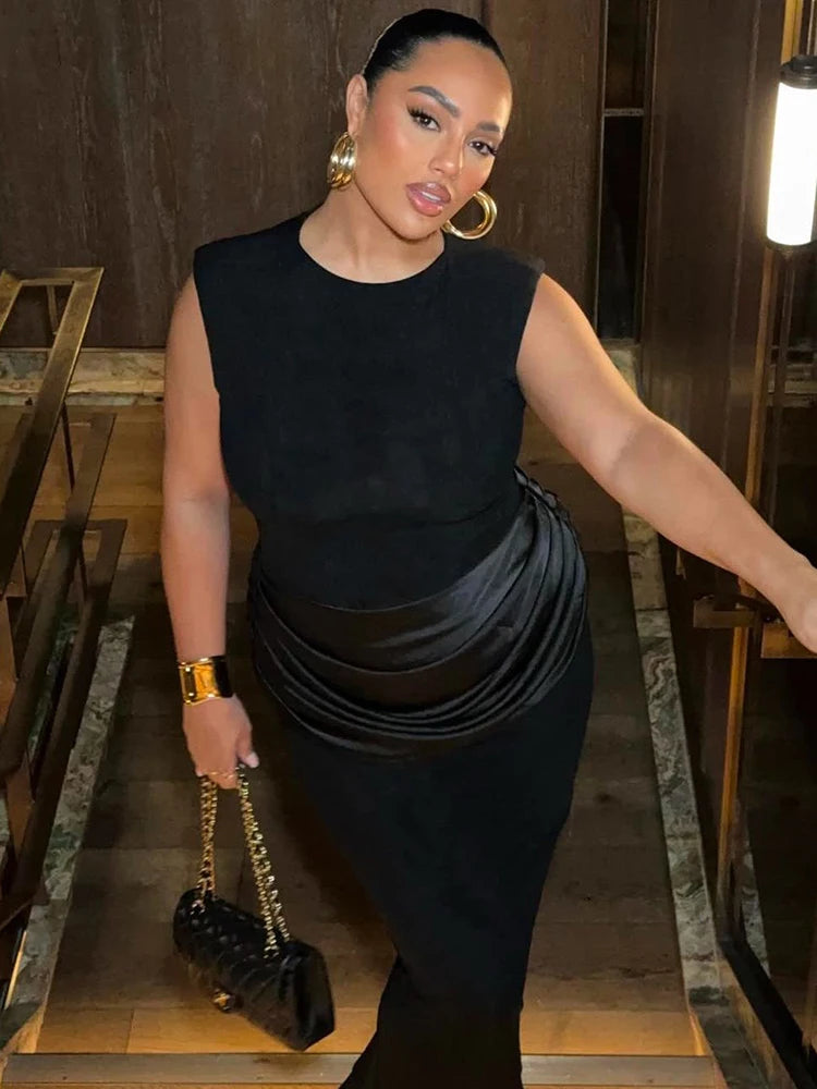 Sleeveless Ruched Sexy Maxi Dress For Women Gown Fashion Black O Neck High Waist Bodycon Club Party Long Dress Vestido voguable