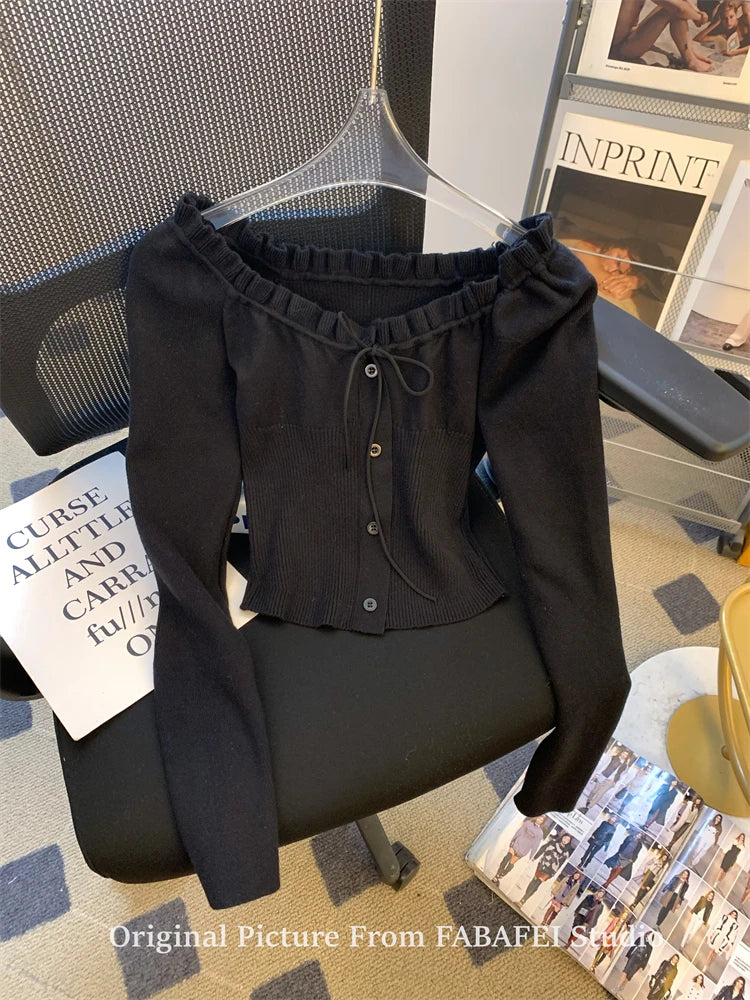 Autumn Winter Woman Slim Pullovers Slash Neck Sweater Long Sleeve Knitwear 2000s Aesthetic Korean Fashion Vintage Cute Core Chic Pbong