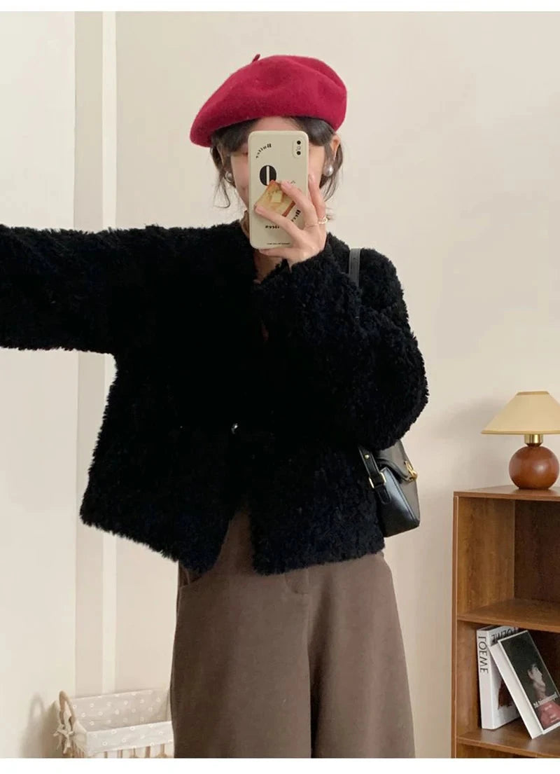 Winter Vintage Women Faux Lamb Coat Warm Soft Long Sleeve V Neck Sweet Jacket Retro Simple Solid Korean Female Preppy Style Tops voguable