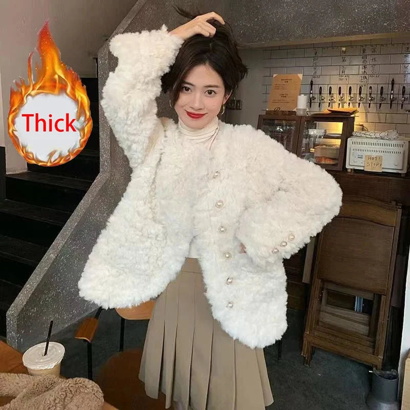 Women Sweet Cute Faux Lamb Coat Winter Warm Thick Slim Long Sleeve Vintage Jacket Korean O Neck Elegant Pearls Buttons Tops New voguable