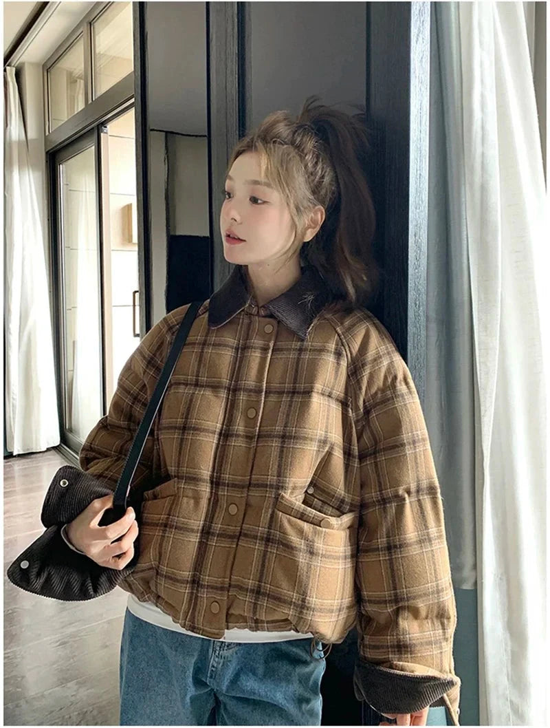 Warm Vintage Plaid Parkas Women Loose Long Sleeve Winter Thick Cotton Coat Korean Casual Pockets Cute Sweet Jacket Tops New voguable