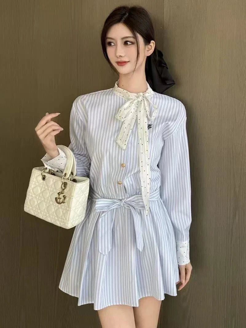 Korean Bow Striped Shirt Dress Women Casual Long Sleeve Elegant Sweet Mini Dress Vintage Patchwork Dot Female Design Dress voguable