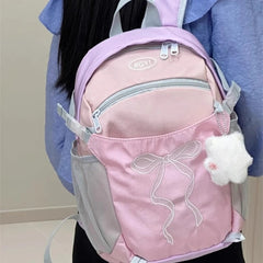 Women Students Travel Bags Patchwork Contrast Color Schoolbags Preppy Chic Kawaii Bow Embroidery Backpacks Y2k Aesthetic Fashion voguable