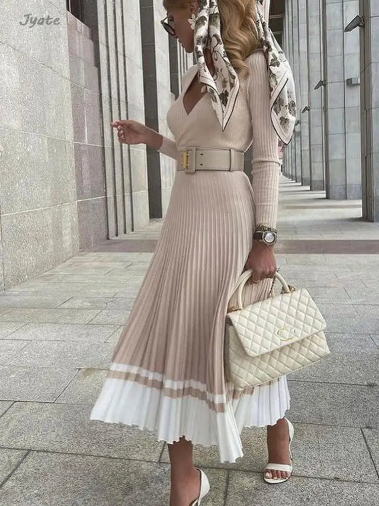 Women Spring And Autumn Solid Color Casual Pleated Mid-length Knitted Dress Fashion Long Sleeve O-neck Robe A-line Slim Vestidos voguable