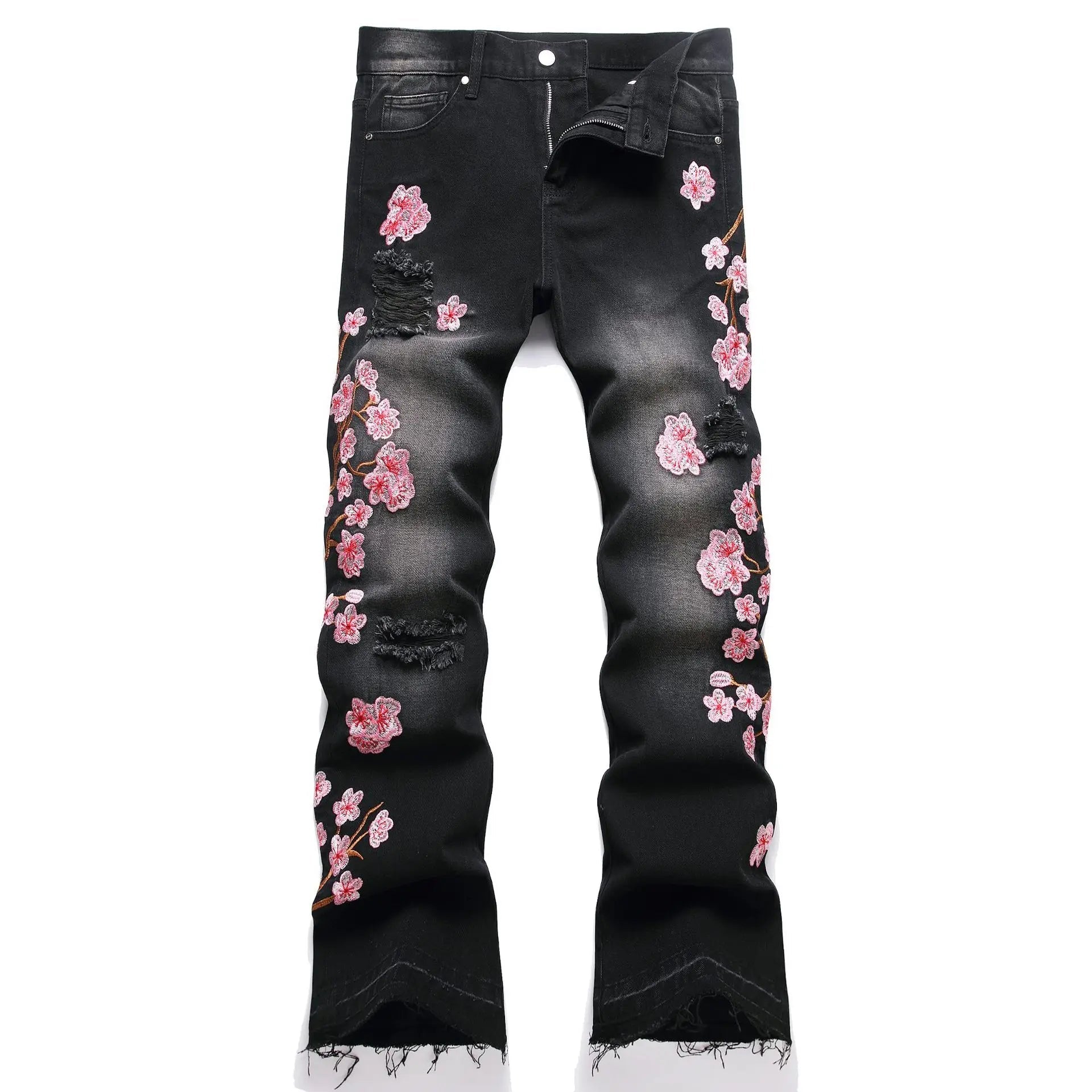 Voguable  Men's high-street ripped jeans with floral embroidery patchwork, trendy street-style distressed flared jeans voguable