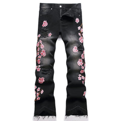 Voguable  Men's high-street ripped jeans with floral embroidery patchwork, trendy street-style distressed flared jeans voguable