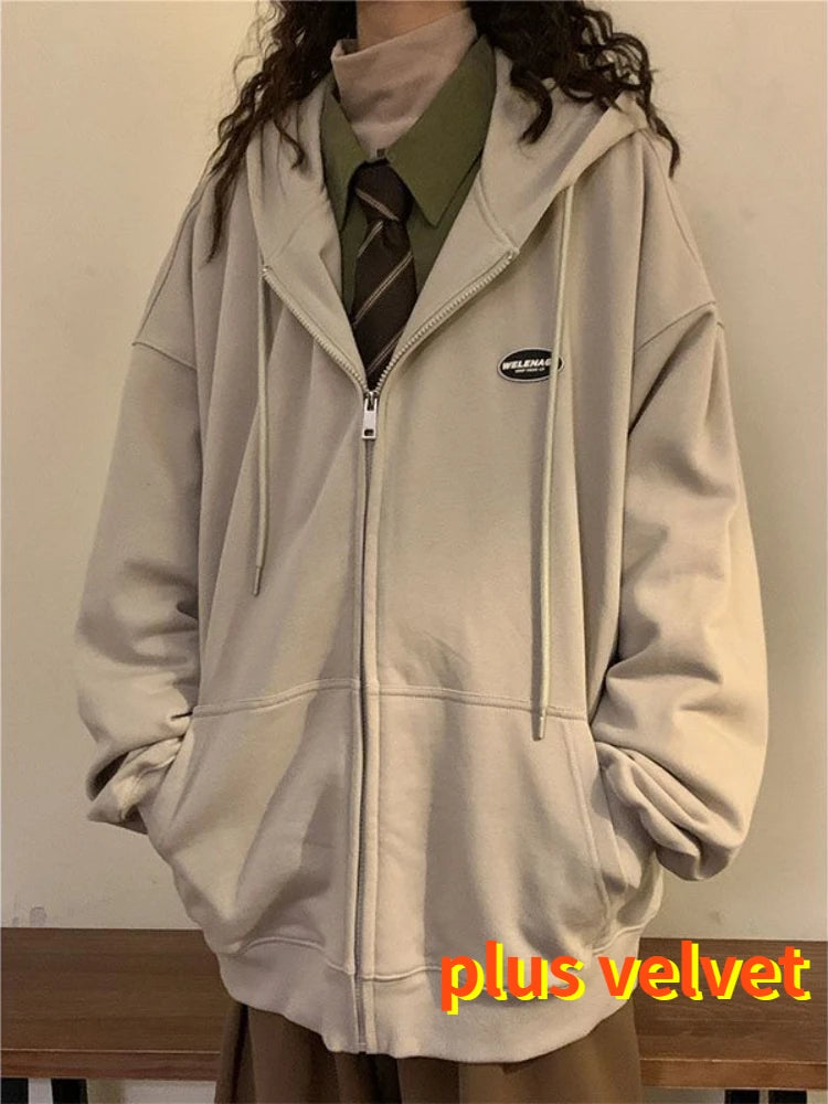 Plus Velvet Thicker Hoodies Women Loose Tender Preppy Style All-match Casual Simple American Retro Autumn Long Sleeve Cool Girls voguable