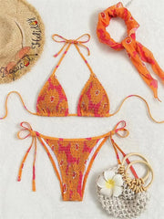 Voguable Sexy Band 3 Piece Bikini Set Women Orange Floral Print Pleate Push Up Micro Swimwear 2024 Bathing Suit Tie Side Thong Swimsuit voguable