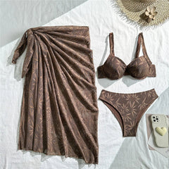 Voguable  Dark Brown Hollow Lace Swimwear Cover Ups Push Up Bikinis Sets 3 Pieces Sexy Swimsuit Women Bathing Suit Beachwear Bikini voguable