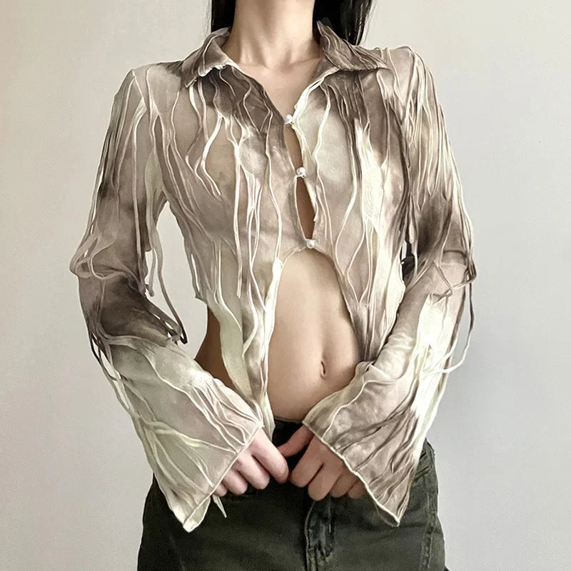 Goth Dark Tassel Tie Dye Fairy Grunge Sexy Blouses Gothic Vintage Y2k Frayed Women Crop Tops Streetwear Long Sleeve Slim T-shirt voguable