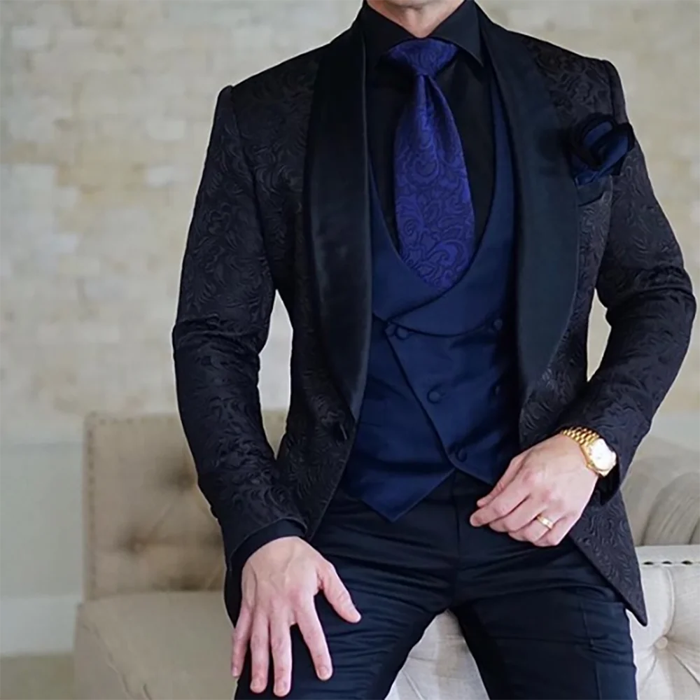 Tailor-Made Burgundy Wedding Men Suits Slim Fit Tuxedo 3 Pieces Suits Groom Prom Jacquard Blazer Terno Masculino Suits voguable