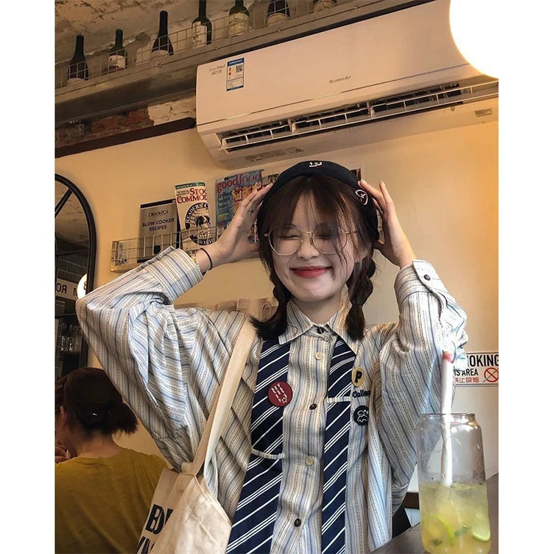 Vintage Tie Striped Shirts Women Harajuku Brooch Oversized Long Sleeve Blouses Streetwear Korean Preppy Print Loose Casual Tops voguable