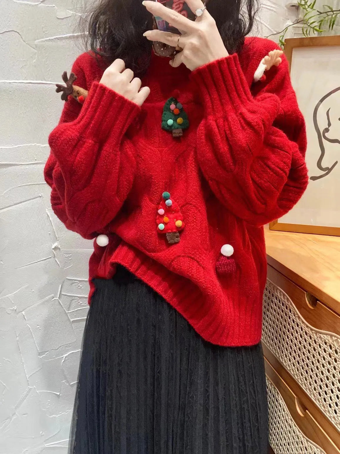 Red Christmas Sweater New Autumn/Winter Women's Unique Colorful Decal Atmosphere Feel Pullover Fashion Versatile Loose Top New Year voguable