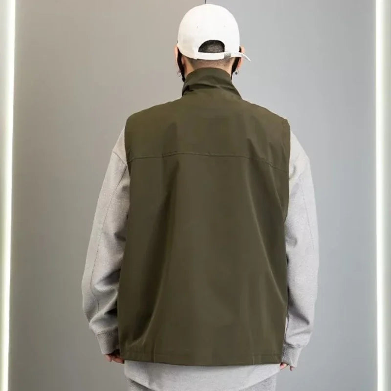 Vest Men Fashion Solid Simple Baggy Spring Autumn Sleeveless Stand Collar Asymmetrical Japanese Style Male High Street Handsome voguable