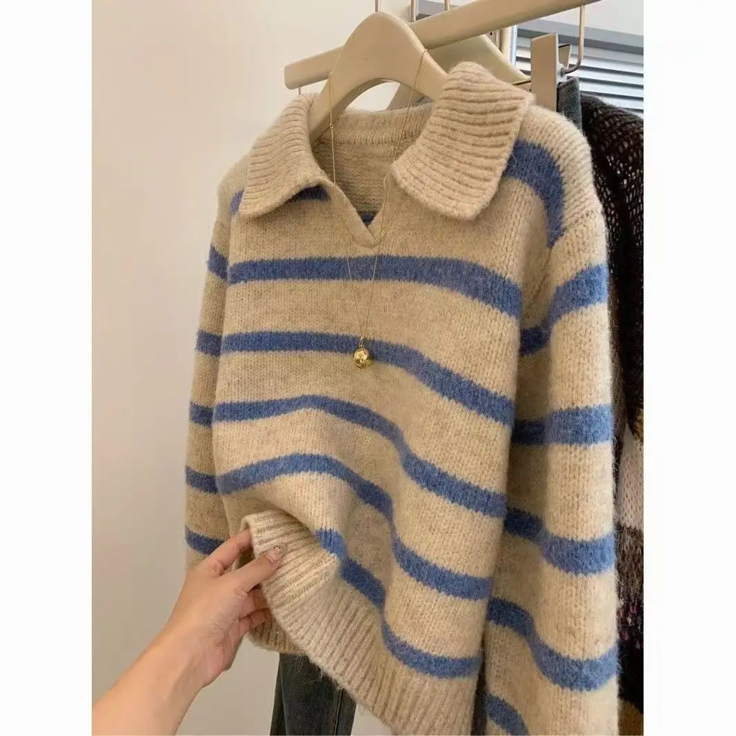 Voguable  Lapel Blue Striped Autumn Winter Sweater Long-sleeved Sweater Pullover Top Layered Versatile Short Style voguable