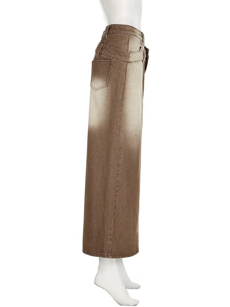 Voguable Tie Dye Denim Long Skirt Vintage Women Irregular Waist Straight Maxi Skirt Fashion femme Y2K Aesthetic Grunge Fairycore voguable