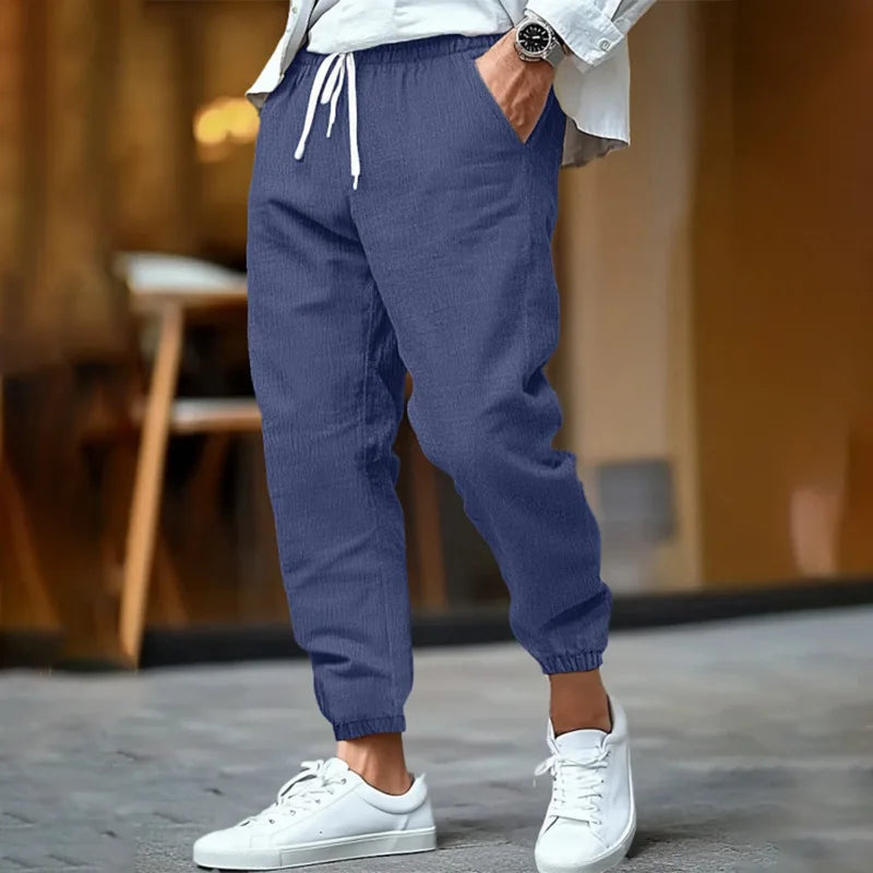 Voguable  Men's Cotton Linen Jogger Pants Spring Summer Elastic Waist Straight Fit Mid Rise Solid Color Breathable Tapered Trousers voguable